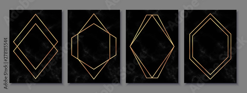 Luxury posters set with black marble texture and gold polygonal frames. Vintage templates in art deco style: cards, banners, brochures, flyers etc. Perfect for Black Friday Sale, wedding, party.