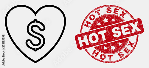 Vector outline love price icon and Hot Sex seal stamp. Blue rounded grunge seal stamp with Hot Sex caption. Black isolated love price icon in line style.