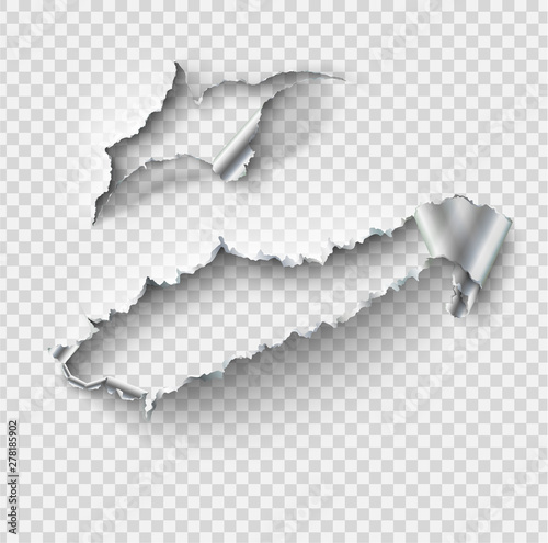 Torn ripped metal vector template, sides with ripped steel on realistic transparent background.