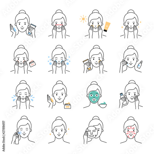 Daily skin care, beauty treatment vector icons set