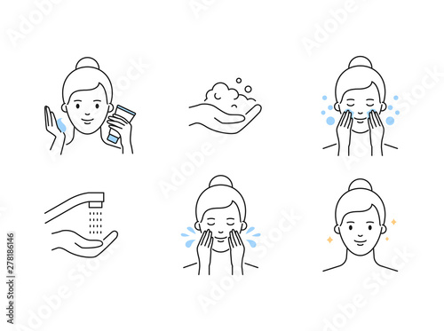 Women's skin care cleansing outline vector icons