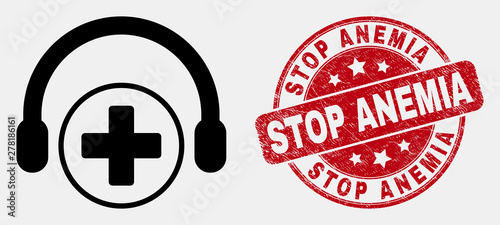 Vector line medical assistance headphones icon and Stop Anemia seal. Blue round scratched seal stamp with Stop Anemia phrase. Black isolated medical assistance headphones icon in linear style.