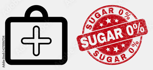 Vector outline first-aid case icon and Sugar 0% seal stamp. Blue rounded distress stamp with Sugar 0% title. Black isolated first-aid case icon in linear style.