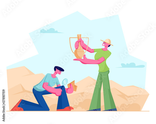 Archeologists Found Ancient Items Crock Jug, Scientists Working on Excavations or Digging Soil Layers and Exploring Artifacts. Students Studying Prehistory Ages. Cartoon Flat Vector Illustration