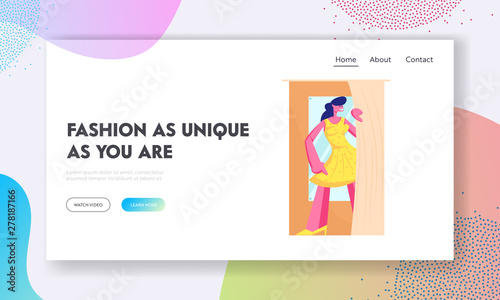 Young Woman Trying on Yellow Dress in Dressing Room at Store, Girl Visiting Shop. Shopping Spare Time, Leisure, Shopaholic Fun. Website Landing Page, Web Page. Cartoon Flat Vector Illustration, Banner