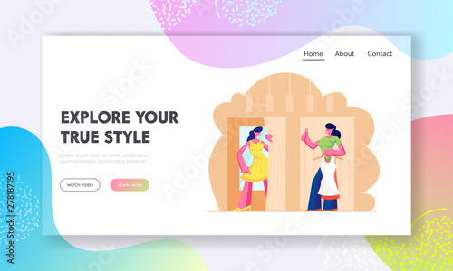 Shopping Spare Time Website Landing Page, Young Woman Trying on Closes in Dressing Room at Store, Girlfriend Show Thumb Up. Girls Visiting Shop. Web Page. Cartoon Flat Vector Illustration, Banner
