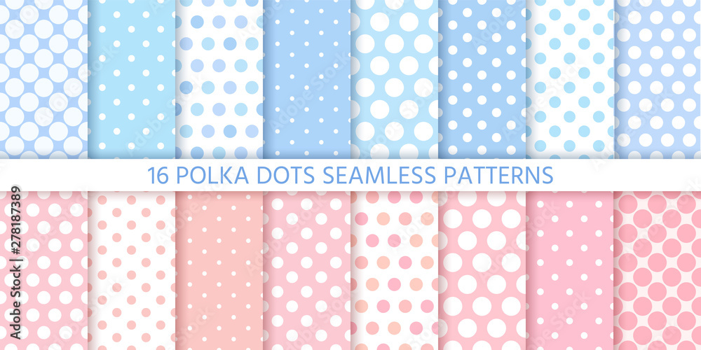 Polka dot pattern. Seamless background in circle. Vector. Set cute baby textures. Blue pink pastel childish textile print for invitation, template card, birth party, scrapbook. Flat illustration.