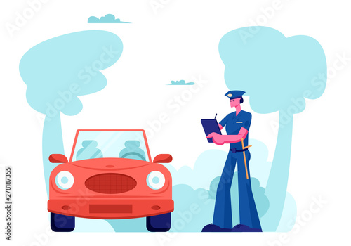 Police Officer Character Stand near Auto Write Fine on Road