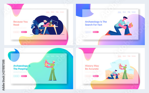 Archeology and Writer Profession Website Landing Page Set, Archeologists Found Ancient Items on Excavations Talented Author Working on Story or Book Web Page. Cartoon Flat Vector Illustration, Banner