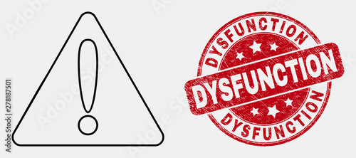 Vector outline warning icon and Dysfunction seal stamp. Blue round grunge seal stamp with Dysfunction title. Black isolated warning pictogram in outline style.
