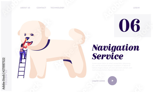 Pet Hair Salon Website Landing Page, Styling and Grooming Shop, Pet Store for Dogs. Tiny Character on Ladder Care of Cute Puppy at Groomer Salon , Web Page. Cartoon Flat Vector Illustration, Banner