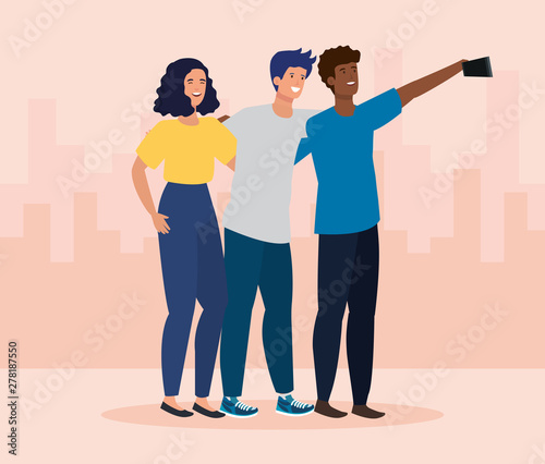 girl and boys with casual clothes and selfie with smartphone