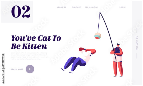 People Spend Time with Pet. Tiny Man Relaxing, Woman Character Holding Huge Cat Toy to Play, Leisure, Love, Care of Animals Website Landing Page, Web Page. Cartoon Flat Vector Illustration, Banner