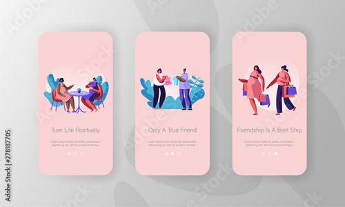 Pregnant Women Meeting Mobile App Page Onboard Screen Set, Girls Characters Pregnancy, Meet in Cafe, Shopping, Buying Baby Clothes, Concept for Website or Web Page, Cartoon Flat Vector Illustration