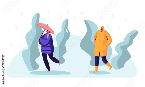 Passerby at Wet Rainy Autumn or Spring Weather. Happy Drenched People Wearing Boots and Cloaks with Umbrellas Walking Against Wind and Rain, Cold Water Pour from Sky Cartoon Flat Vector Illustration