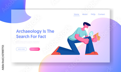 Archeologist Found Ancient Item Watching through Magnifying Glass on Crock, Scientist Working on Excavations Prehistory Ages. Website Landing Page, Web Page. Cartoon Flat Vector Illustration, Banner