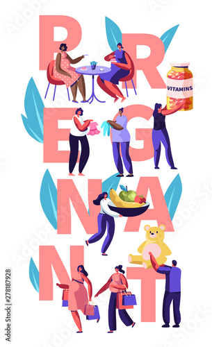 Female Characters Happy Pregnancy Concept. People Hold Vitamins, Baby Toys, Healthy Nutrition, Pregnant Women Meet in Cafe, Shopping. Poster, Banner, Flyer, Brochure. Cartoon Flat Vector Illustration