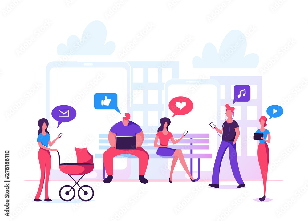 Men and Women Characters Communication via Internet in City Park, Social Media Networking, Chat, Video, News, Messages, Search Friends, Dating App, Mobile Web Graphics Cartoon Flat Vector Illustration