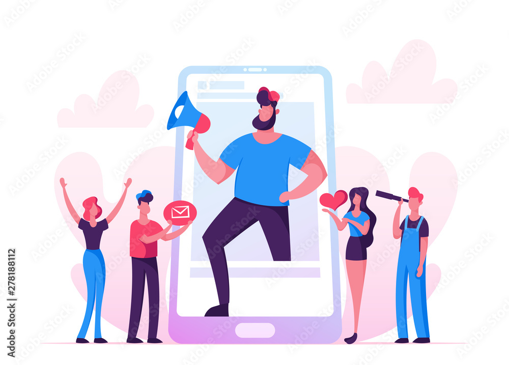 Blogging, Social Media Networking Concept. Huge Man with Megaphone Stand at Smartphone Screen, People Watching Broadcasting, Streaming Video Post, Blogger Character. Cartoon Flat Vector Illustration