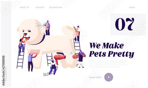 Pet Hair Salon Website Landing Page, Styling and Grooming Shop, Tiny Characters on Ladders Care of Poodle Puppy, Cut and Drying Wool, Comb, Perfume, Web Page. Cartoon Flat Vector Illustration, Banner