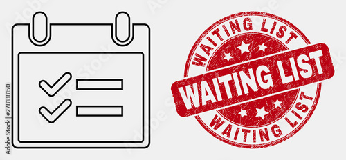 Vector line calendar page tasks pictogram and Waiting List seal stamp. Blue round textured stamp with Waiting List text. Black isolated calendar page tasks pictogram in outline style.