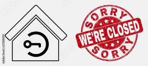Vector linear home keyhole pictogram and Sorry We'Re Closed watermark. Blue rounded grunge watermark with Sorry We'Re Closed phrase. Black isolated home keyhole pictogram in outline style.