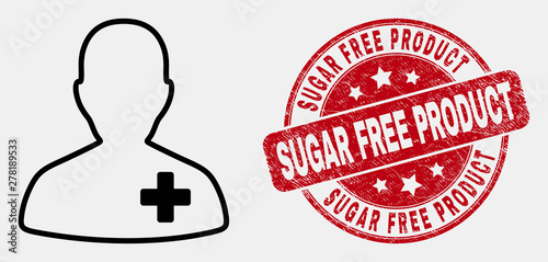 Vector stroke doctor icon and Sugar Free Product seal. Blue round textured seal with Sugar Free Product title. Black isolated doctor icon in line style.