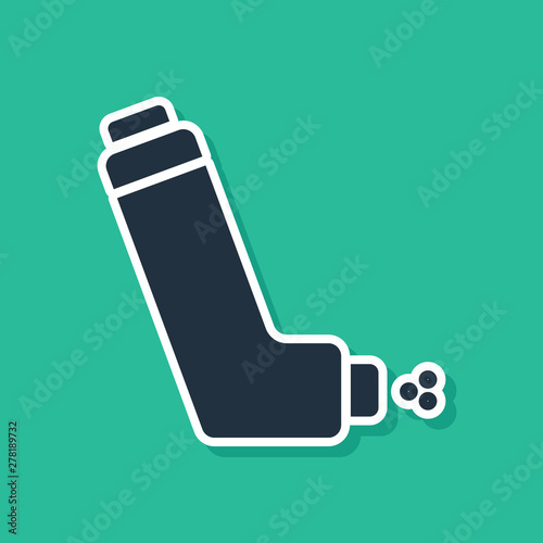Blue Inhaler icon isolated on green background. Breather for cough relief, inhalation, allergic patient. Medical allergy asthma inhaler spray. Vector Illustration