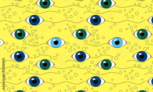  human eyes abstract illustration yellow background seamless pattern