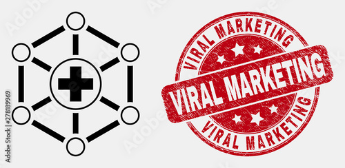 Vector linear medical links icon and Viral Marketing seal stamp. Blue round distress seal stamp with Viral Marketing caption. Black isolated medical links icon in outline style.