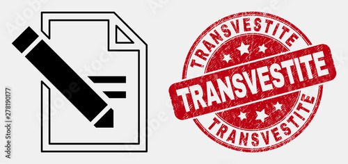 Vector linear edit text page icon and Transvestite seal. Blue rounded scratched seal stamp with Transvestite phrase. Black isolated edit text page icon in line style.