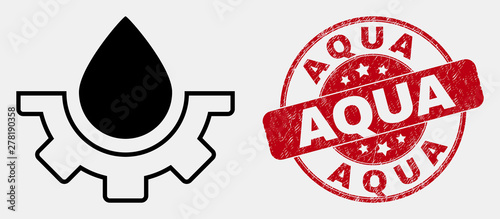 Vector line water plumbing gear icon and Aqua seal stamp. Blue round textured seal stamp with Aqua text. Black isolated water plumbing gear symbol in line style.