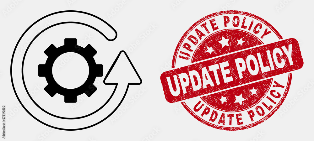 Vector stroke gear rotation icon and Update Policy seal stamp. Blue round  textured seal stamp with Update Policy caption. Black isolated gear  rotation pictogram in outline style. Stock Vector | Adobe Stock