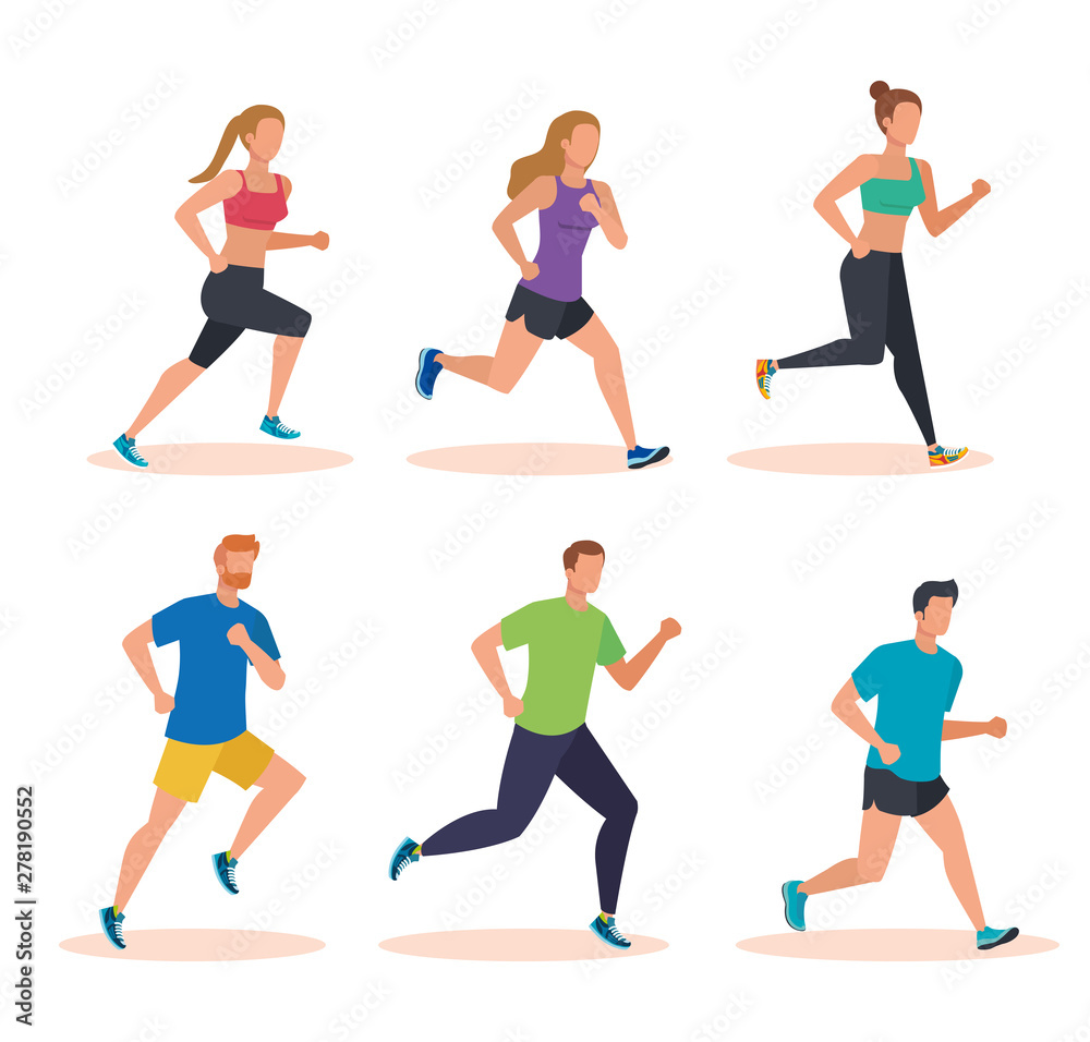 set of healthy women and men running training
