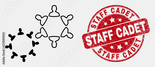 Vector linear people collaborations pictogram and Staff Cadet stamp. Blue round scratched stamp with Staff Cadet phrase. Black isolated people collaborations icon in linear style.