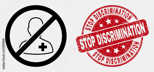 Vector linear forbidden patient pictogram and Stop Discrimination seal stamp. Blue rounded grunge seal with Stop Discrimination title. Black isolated forbidden patient pictogram in stroke style.
