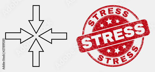Vector outline collapse arrows icon and Stress seal. Blue round distress seal with Stress message. Black isolated collapse arrows icon in line style.