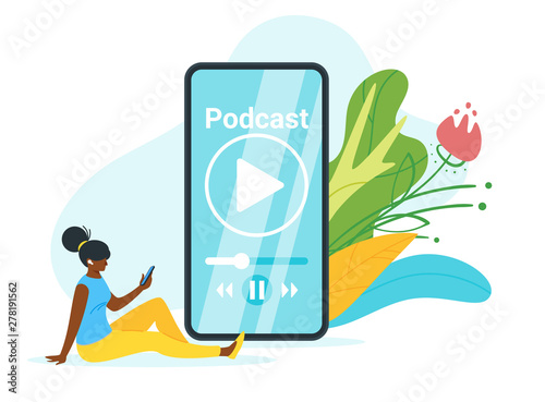 African american woman with smartphone flat vector illustration