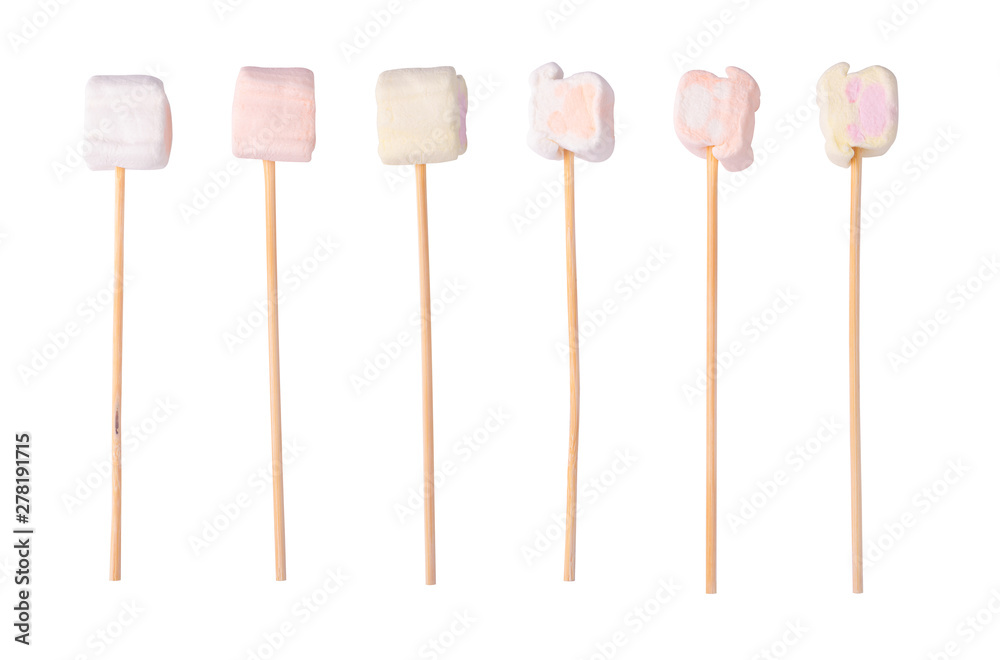 marshmallows on wooden sticks, isolated on white background marshmallows on wooden sticks, isolated on white background
