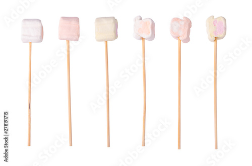 marshmallows on wooden sticks, isolated on white background