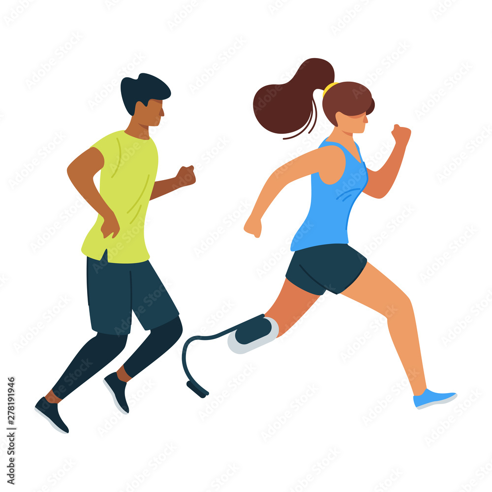 Fototapeta Handicapped woman outrunning male athlete flat vector illustration