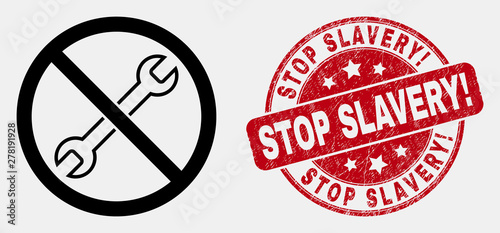 Vector line forbidden repair pictogram and Stop Slavery! stamp. Blue rounded scratched seal stamp with Stop Slavery! text. Black isolated forbidden repair pictogram in line style.