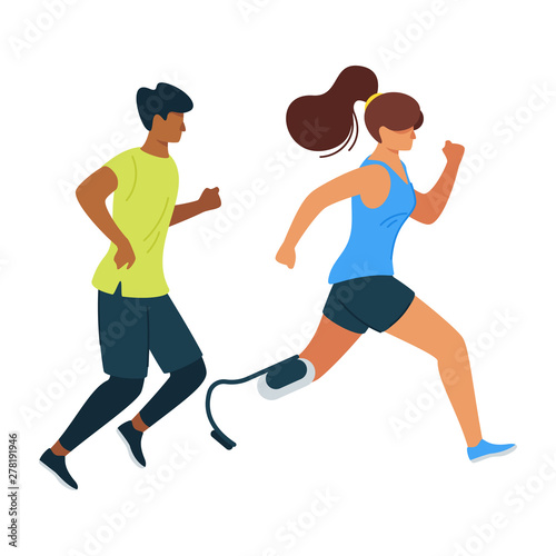 Handicapped woman outrunning male athlete flat vector illustration