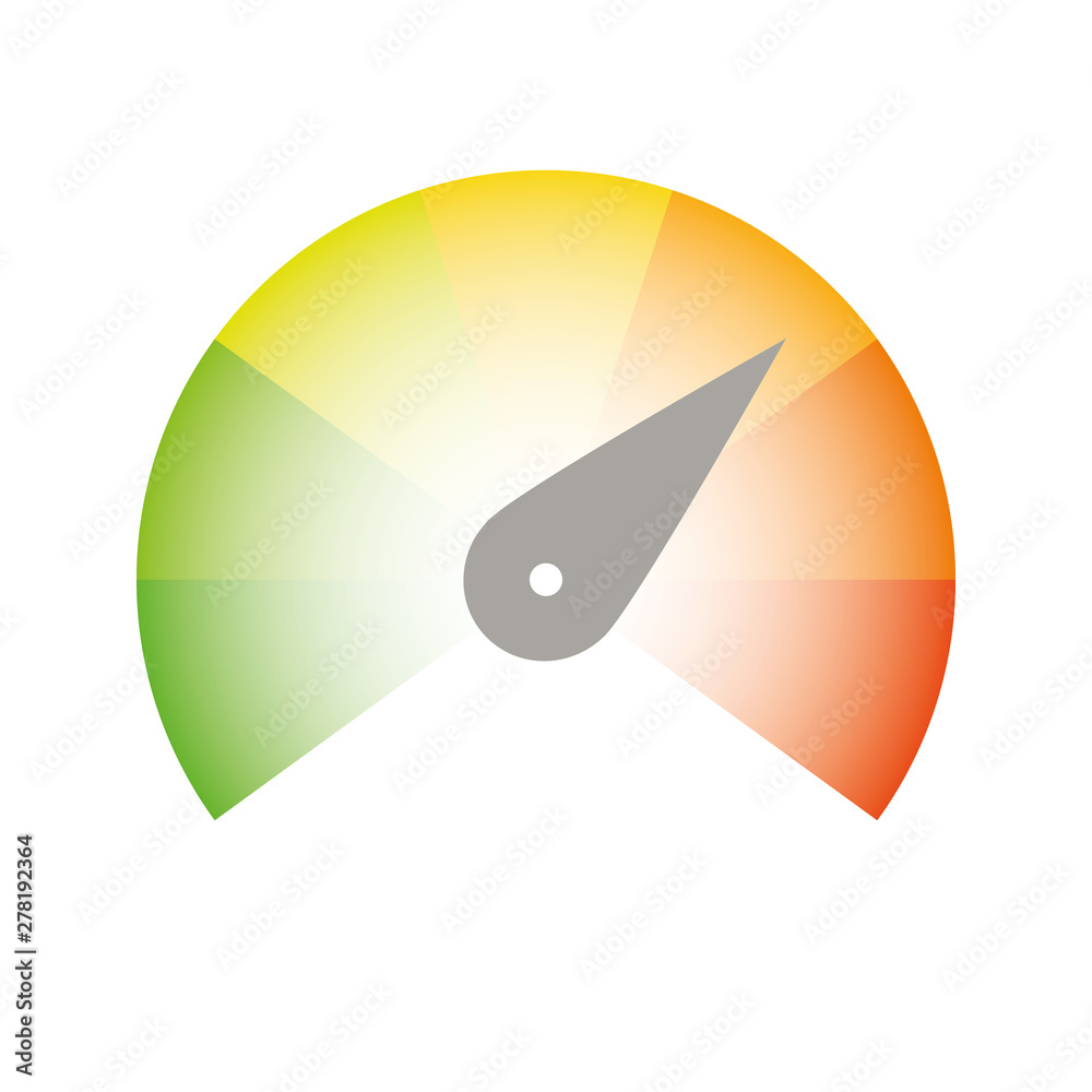 Radial gauge scale from red to green with arrow hand pointer. Satisfaction, temperature, risk, rating, performance and feedback indicator or speed tachometer. Vector illustration Radial gauge scale from red to green with arrow hand pointer. Satisfaction, temperature, risk, rating, performance and feedback indicator or speed tachometer. Vector illustration