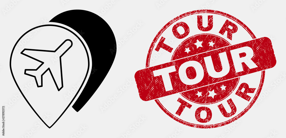 Vector line airport map markers icon and Tour stamp. Blue rounded ...