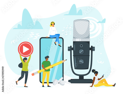 Young people in headphones listening to music flat vector illustration