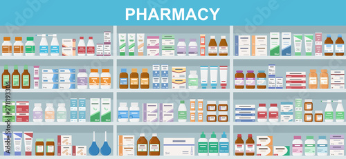 Pharmacy shelves with medicines. Concept of pharmaceutics and medication. Flat style vector illustration.