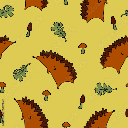 Seamless Autumn Pattern with Leaves and Hedgehog. Light brown background