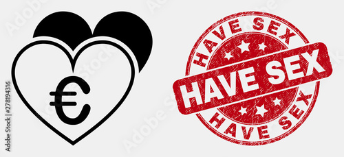 Vector contour euro love hearts icon and Have Sex stamp. Blue rounded textured seal stamp with Have Sex text. Black isolated euro love hearts icon in contour style.