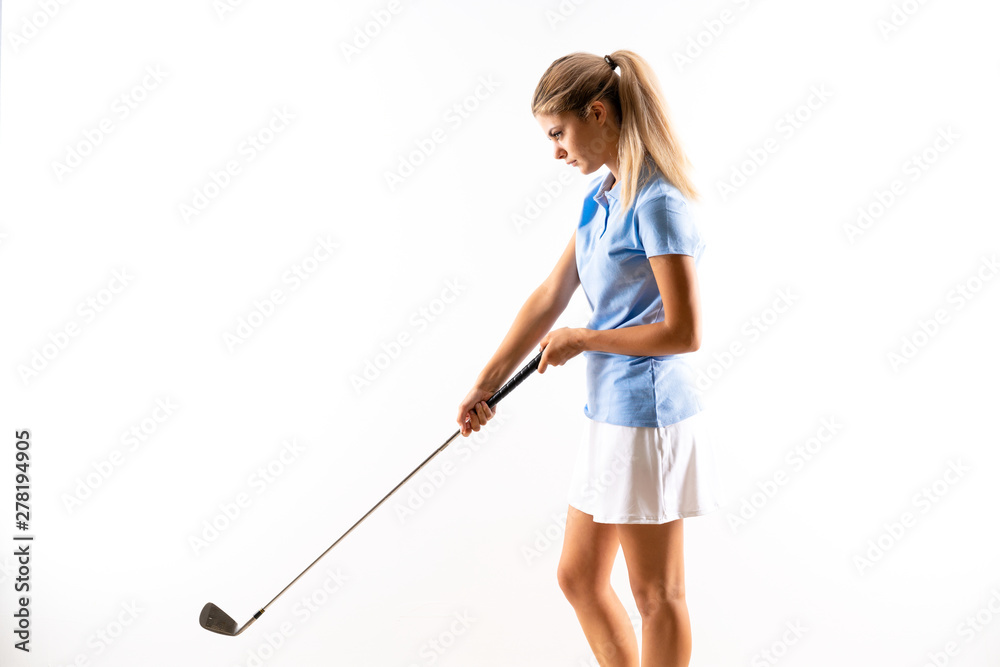 Teenager golfer girl over isolated white background Teenager golfer girl over isolated white background
